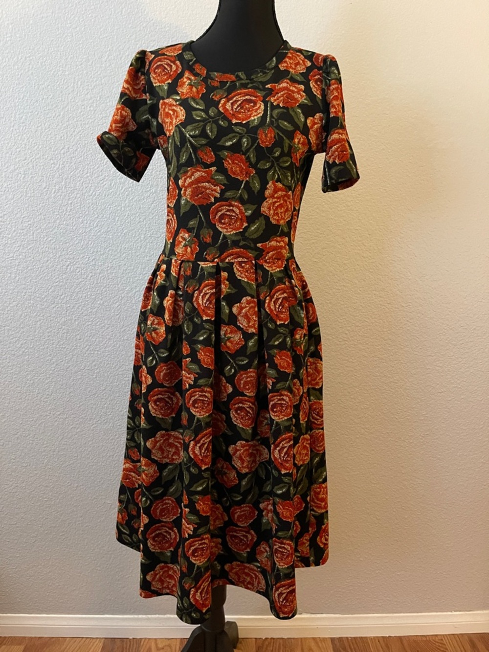 LuLaRoe Black Midi Dress with Rust Floral Print